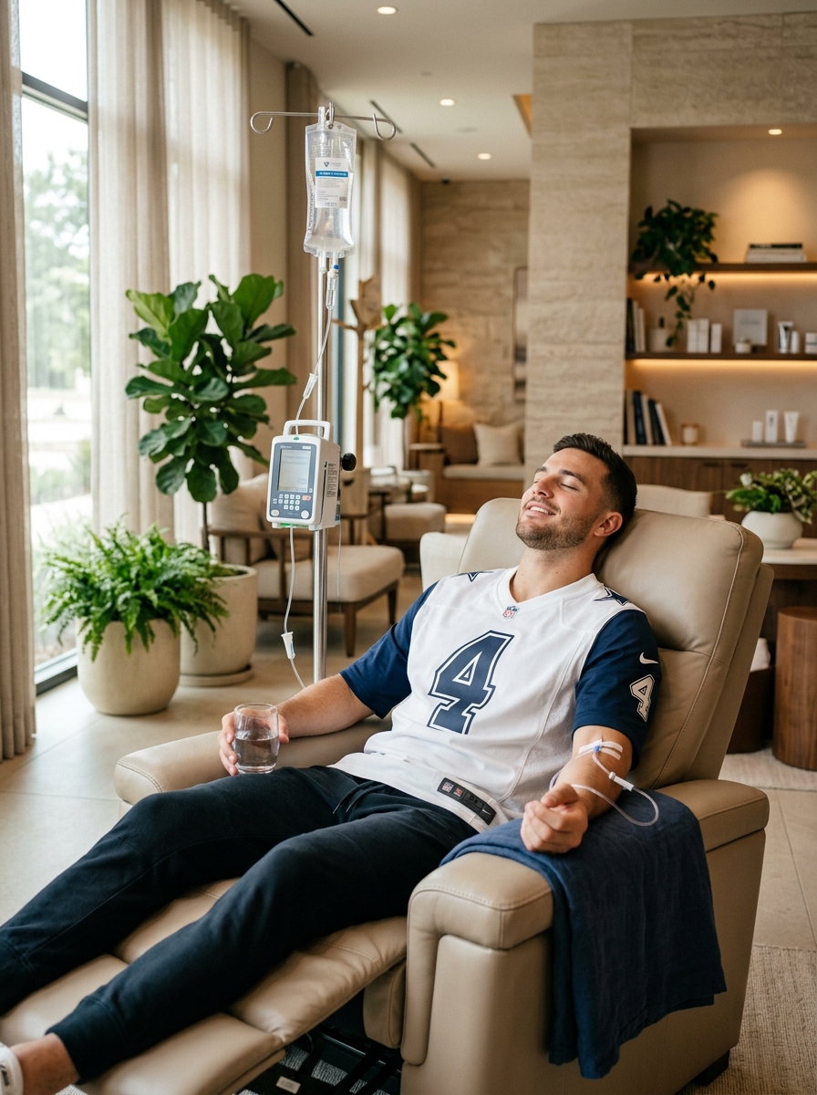 Dallas Cowboys fan wearing jersey relaxing in luxury recliner with IV drip therapy at Ivy Lounge Wellness