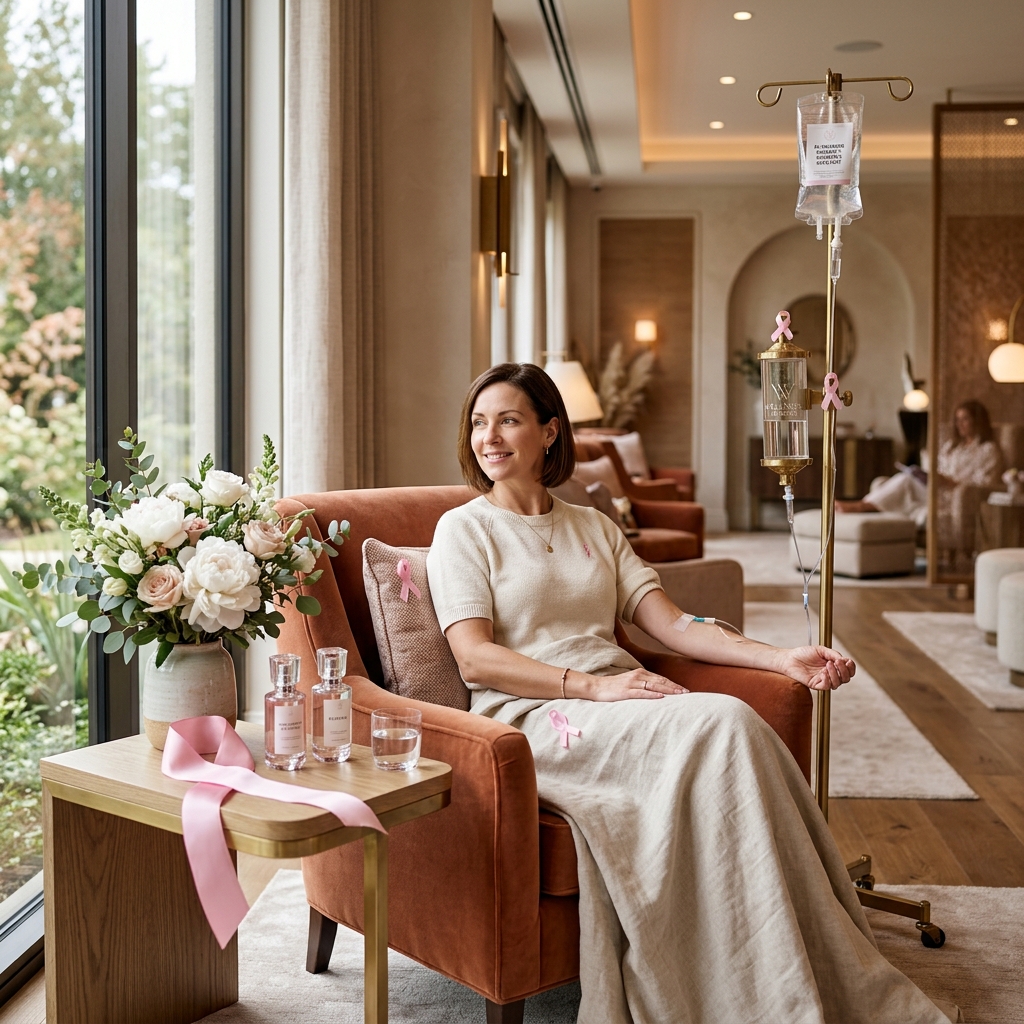 Serene client enjoying Pink Ribbon IV drip therapy in luxury spa recliner at Ivy Lounge Wellness